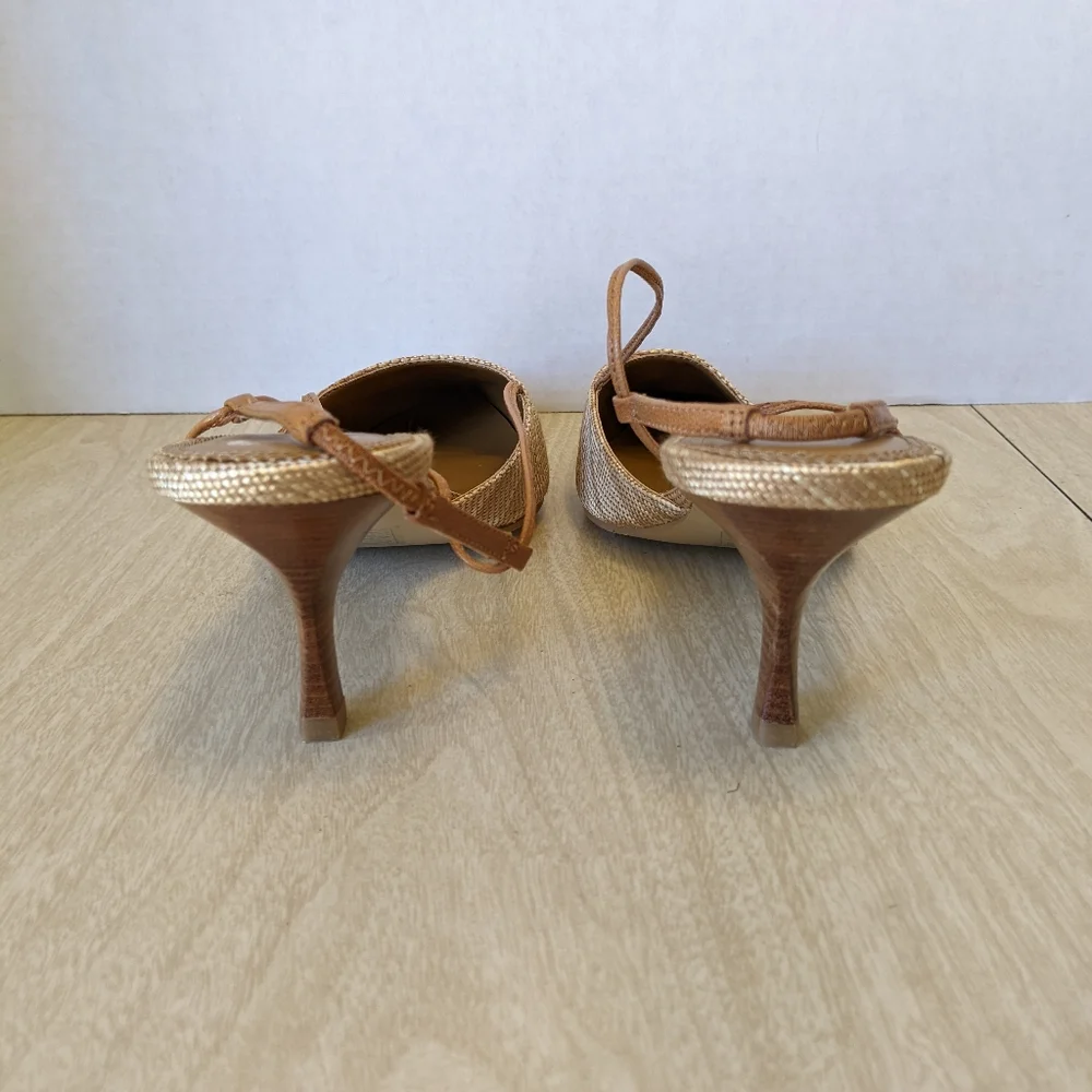 New A. Marinelli Matte Gold & Tan Woven Slingback Heels 8 - Picture 5 of 9
